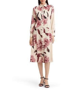 Misook Floral Crepe De Chine Midi Shirtdress - Pink