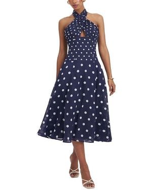 Miss Circle Nuri Polka Dot Ramie Crossover Halter A-Line Midi Dress - Blue