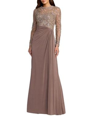 Mac Duggal Sequin Embroidered Long Sleeve Jersey Skirt Gown - Brown