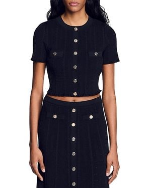 Sandro Cropped Pointelle Knit Cardigan - Blue