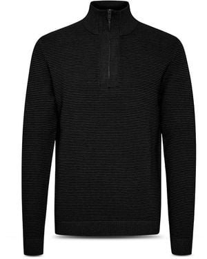 Solid Cotton Ribbed Quarter Zip Stand Collar Sweater - Black