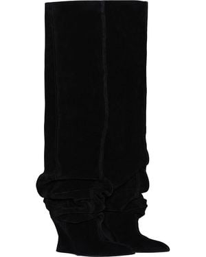 Balmain Suede Leather Wedge Thigh-High Boots - Black