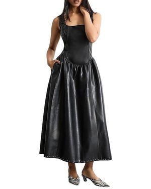 Warehouse Faux Leather Whipstitch Trim Midi Dress - Black