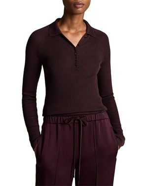 Vince Wool Silk Ribbed Raglan Polo Top - Red