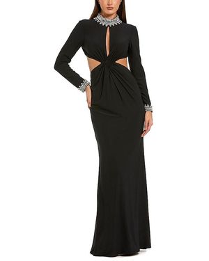 Mac Duggal Embellished Jersey Long Sleeve Cut Out Evening Gown - Black