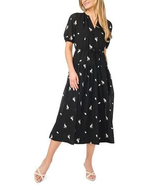 Cece Embroidered Puff Sleeve Tie Waist Midi Dress - Black