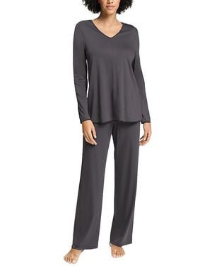 Hanro Cotton Silk V Neck Long Sleeve Pajama Set - Gray