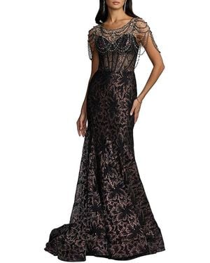 Mac Duggal Lace Corset Gown With Draped Beading - Black