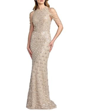 Mac Duggal Petite Draped Pearl Beaded Embroidered Column Gown - Natural