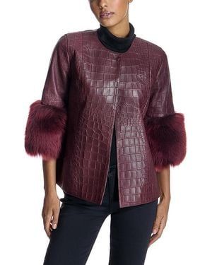 Maximilian Croc Embossed Leather Jacket With Shearling Lamb Cuff Trim - Purple