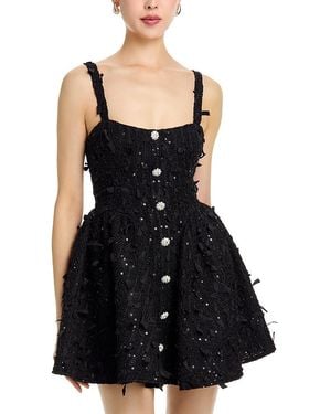 Aqua Sequined Tweed Ribbon Trim Mini Dress - Black