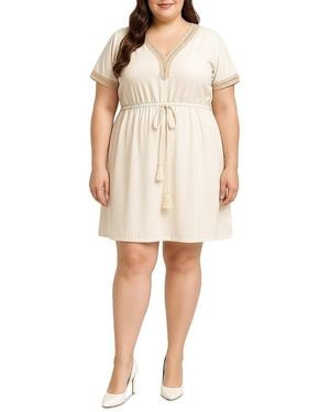 Standards & Practices Plus V Neck Lace Trim Short Sleeve Mini Dress - Natural