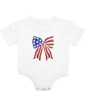 Sweet Wink Patriotic Sequin Bow Patch Short Sleeve Romper - White