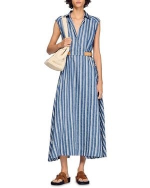 Sandro Striped Maxi Dress With Leather Tab - Blue