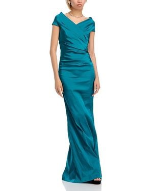 Teri Jon Off-The-Shoulder Ruched Satin Gown - Blue