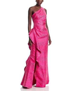 Teri Jon Metallic Jacquard Side Ruffle Gown - Pink