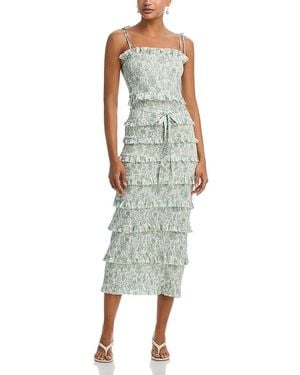 V. Chapman Lily Smocked Floral Print Ruffle Trim Midi Dress - Green