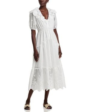 Aqua Embroidered Ruffle Short Sleeve Maxi Dress - White