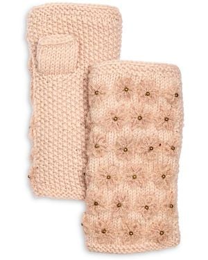 French Knot Floral Wool Fingerless Gloves - Pink
