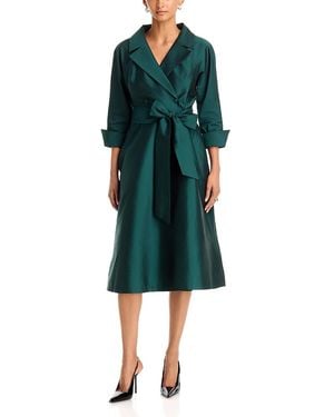 Teri Jon Taffeta Knotch Collar Belted Shirt Dress - Green