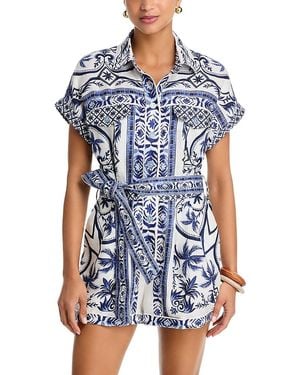FARM Rio City Linen Belted Romper - Blue