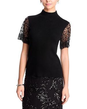 Tahari Sequin & Beaded Flutter Sleeve Mock Neck Jumper - Black