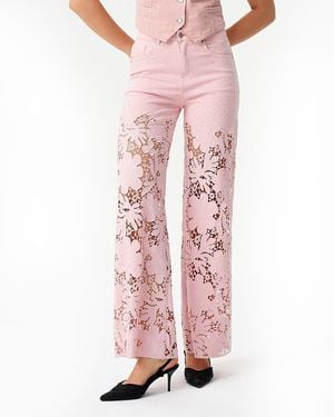 Bayeas Ultra High Rise Lace Patchwork Wide Leg Denim Jeans - Pink