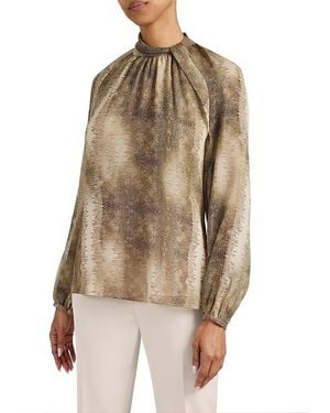 Santorelli Dakota Mock Neck Printed Blouse With Long Lantern Sleeves - Natural