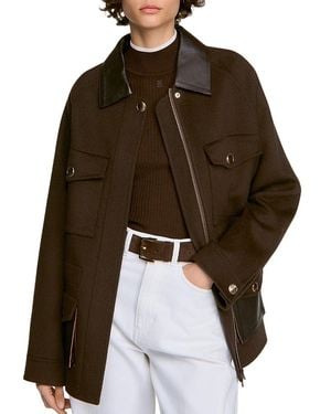 Sandro Gery Leather Trim Wool Jacket - Brown