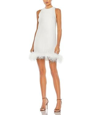 Mac Duggal Feathered Hem High Neck Sleeveless A Line Dress - White