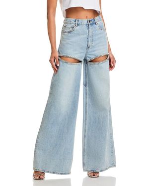 Area Wide Leg Crystal Slit Jeans - Blue