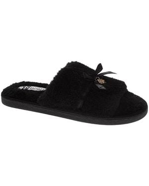Badgley Mischka Bow-Accent Fuzzy Slippers - Black