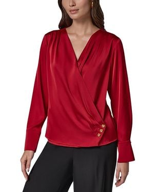 Donna Karan Faux Wrap Long Sleeve Top - Red