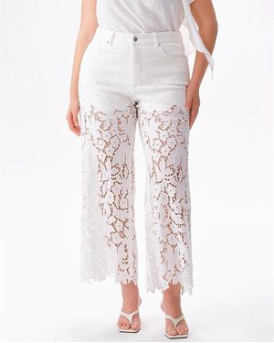 Bayeas Plus Embroidery Wide Leg Lace Denim Jeans With Pearl - White
