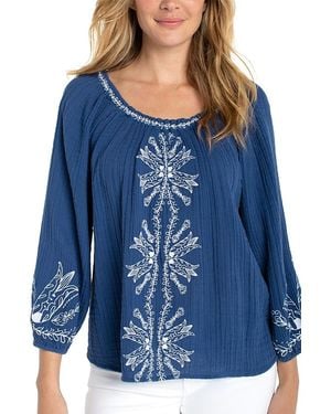 Liverpool Los Angeles Plus 3/4 Sleeve Embroidered Top - Blue