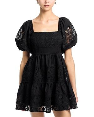 Aqua Lace Inset Puff Sleeve Mini Dress - Black