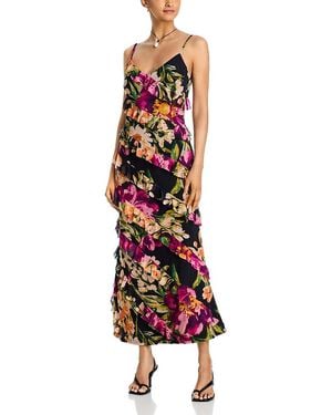 Aqua Floral Mesh Ruffle Maxi Dress - Red
