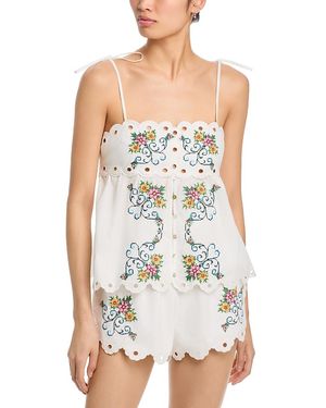 Moon River Scallop Floral Embroidered Top - White