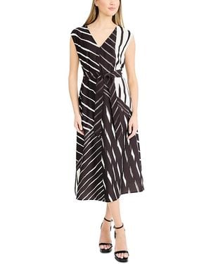 Luxely Printed Tie Waist V Neck Midi Dress - Black