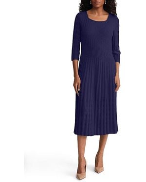 Ming Wang Linear Pointelle Tonal Knit Fit And Flare Midi Dress - Blue