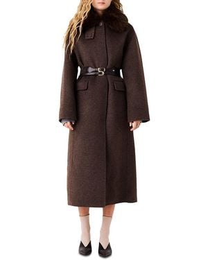 Maje Wool Blend Faux Fur Collar Coat - Brown