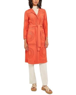 Misook Eyelet Open Front Long Jacket - Red
