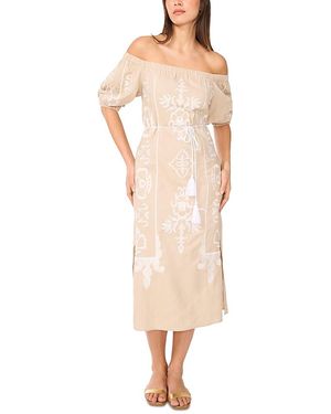 Vince Camuto Off The Shoulder Tassel Tie Midi Dress - Natural