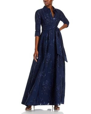 Teri Jon Metallic Jacquard Shirt Dress Gown - Blue