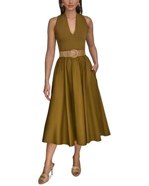 Donna Karan Sateen A Line Belted Midi Dress - Green