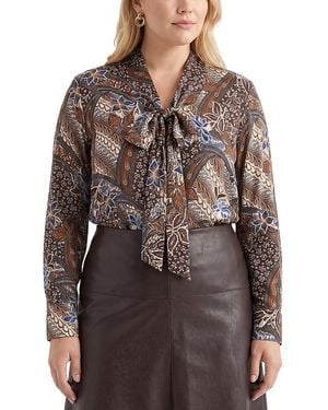 Karen Kane Plus Size Tie Neck Long Sleeve Top - Brown