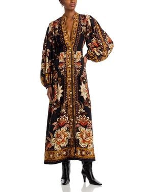 FARM Rio Buttoned Puff Sleeve Maxi Dress - Brown