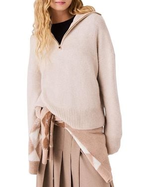 Maje Cashmere Blend Zip Neck Long Sleeve Sweater - Natural