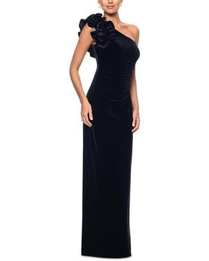 Aqua Velvet Ruffle One Shoulder Gown - Blue