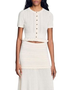 Sandro Larane Ruffled Pointelle Knit Top - White